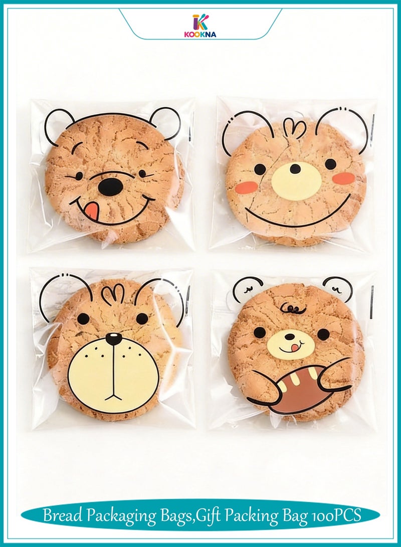 كوكنا أكياس تغليف، ذاتية اللصق برسومات دب لطيف، أكياس طعام شفافة لعيد مبارك ووجبات المدرسة، لتغليف الحلويات والبسكويت والهدايا، 100 قطعة، متوفر بمقاسين (10×13 سم / 18×21 سم) - Image 1